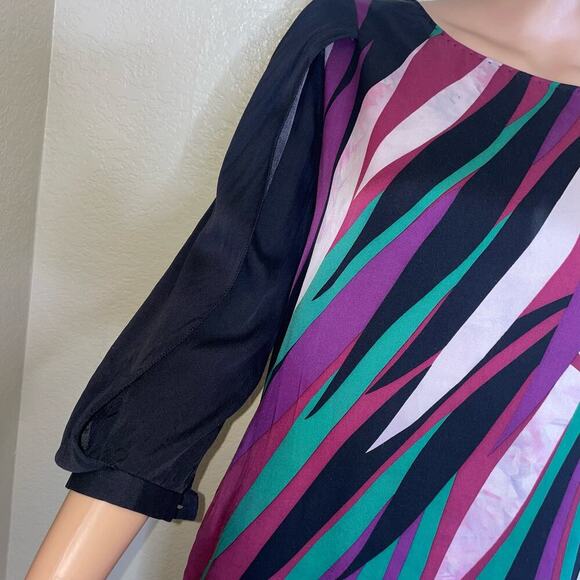 Elie Tahari dress Silk Blend Black Multicolor Sheath 3/4 Split Sleeve SZ LG - Picture 4 of 11